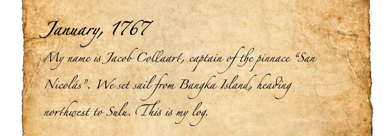 Diary output from my application -- the date is January 1767 and the entry reads "My name is Jacob Collaart, captain of the pinnace 'San Nicolas'. We set sail from Bangka Island, heading northwest to Sulu. This is my log."