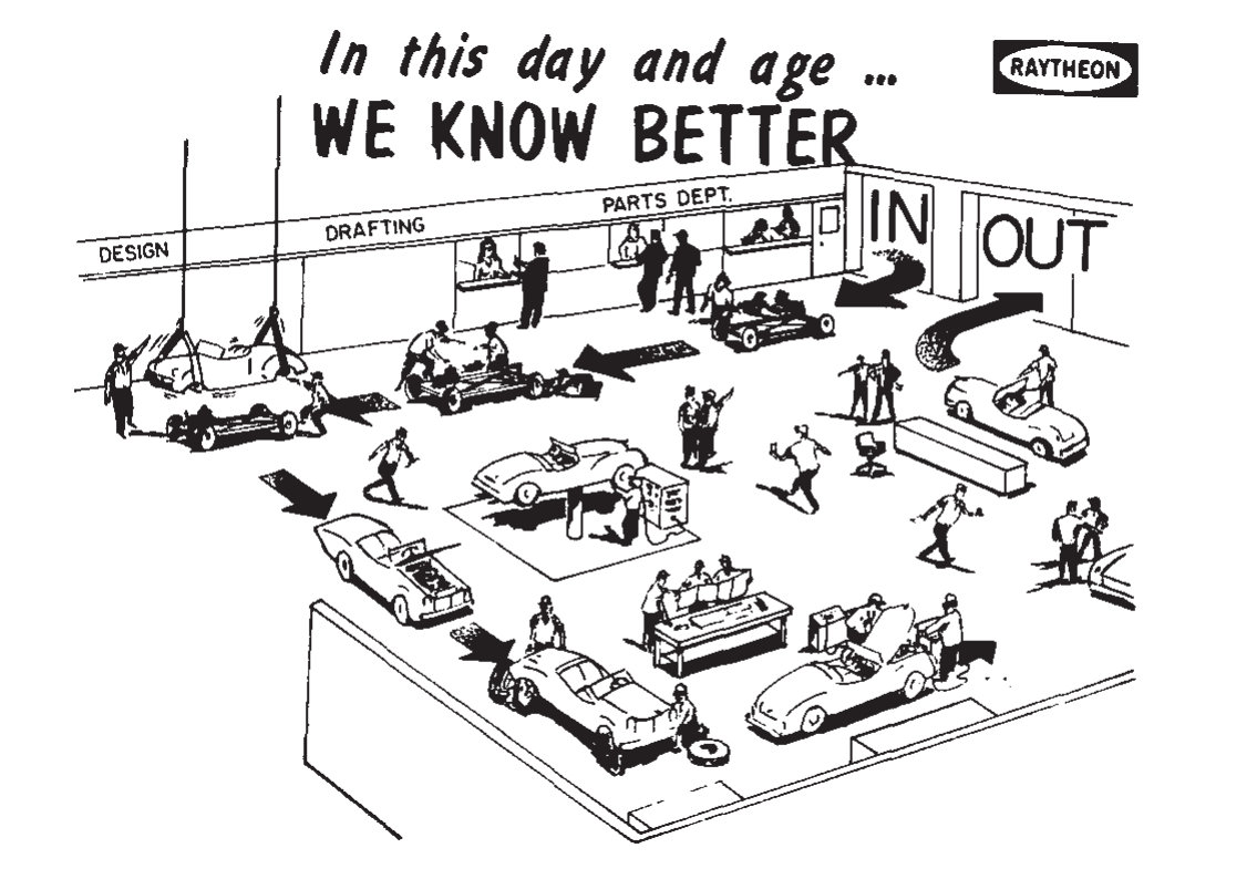 Image of modular car factory with vehicles being constructed as they move along an assembly line, with a tagline reading 'In this day and age we know better'"